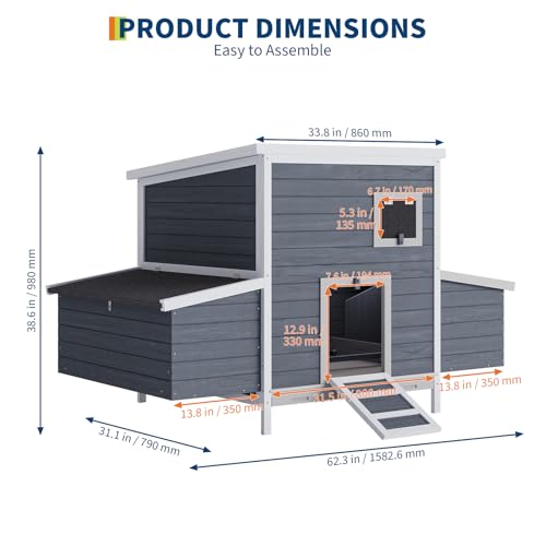 GarveeLife Wooden Chicken Coop with 2 Nesting Boxes & Lockable Doors, Outdoor Chicken Coop, Weatherproof Roof Rabbit Cage for Guinea Pig, Rabbit, Duck - 62.2x38.6x38.6 in