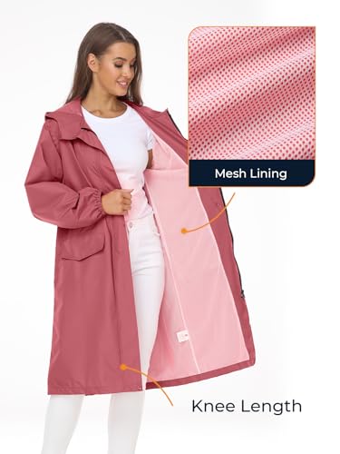 SaphiRose Women's Lightweight Packable Waterproof Long Rain Jacket | Raincoat, rain coat, windbreaker, with hood, knee-length, pack in bag, mesh lining, outdoor, camping, travel, walking dog - color: Pink, size: X-Large