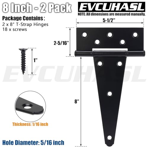 8 Inch T-Strap Gate Hinges, Shed Barn Door Hinges Heavy Duty, Black Tee Hinges for Wooden Fences, Yard Gate, Wrought Hardware Iron Rustproof (2 Pack/Set) - size: 8 Inch