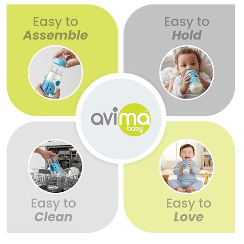 Avima 9 oz Anti Colic Baby Bottles w Medium Flow Nipples, 4-7M (Set of 3) | Wide Neck Stage 2 Silicone Nipples. Blue Elephants Design