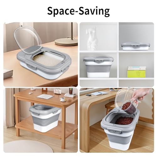 Rice Storage Container, Collapsible Airtight Food Storage Containers 6-20 Lbs, Rice Dispenser with Measuring Cup and Small Bin for Flour Cereal Pasta Grain, Cat Pet Dog Bird Food Container - color: Gray