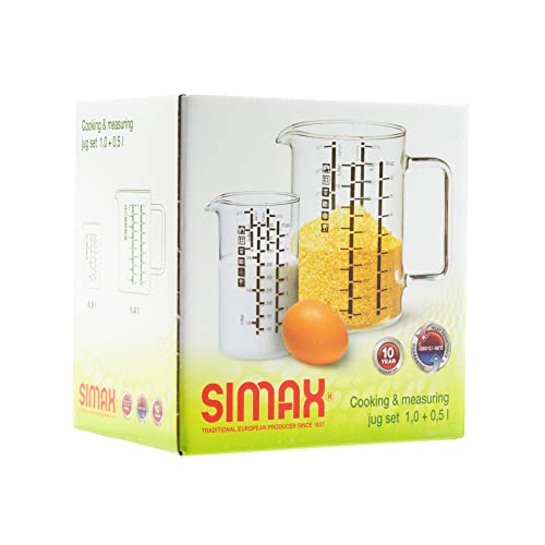 Simax Glass Measuring Cup, Durable Borosilicate Glass, Pack of 2 includes 32 oz and 16 oz Easy to Read Metric Measurements in Liter, Milliliter, Ounce, Sugar Grams, Drip Free Spout, Microwave Safe - size: 2-Pack: 32 Ounce and 16 Ounce