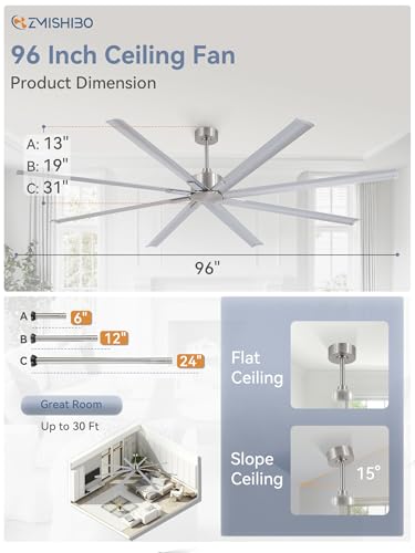 ZMISHIBO 96 Inch Industrial Ceiling Fan without Light, 8 Aluminum Blades | DC Motor, Damp Rated, 6 Speeds, Remote Control, 3 Downrods, Flat/Sloped Ceiling, Commercial, Farmhouse, Garage, Warehouse - color: Nickel, size: 96inch