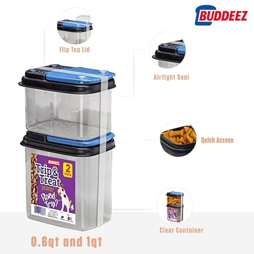 Buddeez Trip and Treat - Pet Food Storage with Flip Lid - Stackable BPA Free Treat Containers - Travel Food Dispenser for Pets - 1QT and 0.6QT
