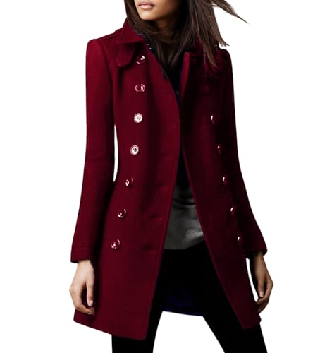 chouyatou Women's Winter Double Breasted Wool Coat Elegant Collared Wool Blend Trench Pea Coat - color: Wine Red, size: X-Small