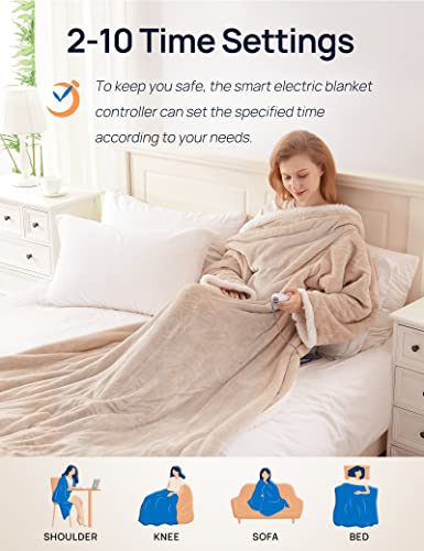 Westinghouse Wearable Heated Blanket with Foot Pocket Sherpa 50x70+18 Beige | Electric Snuggle Throw with Foot Pocket, Flannel Sherpa 6 Heating Levels & 2-10 Hours Auto Shut Off, Home Office Use - color: Beige&ivory, size: 70*50" Heated Snuggle Blanket (L