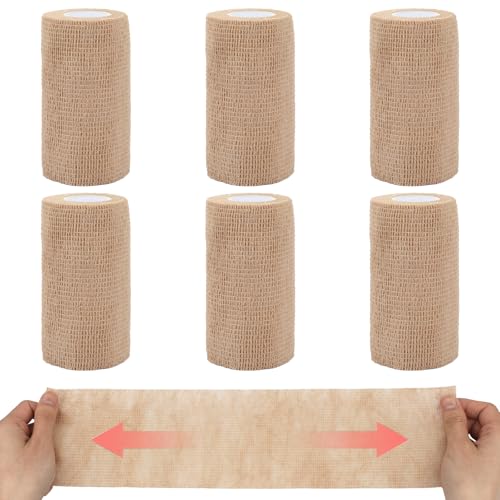 Self Adhesive Bandage Wrap 4 in, Elastic Vet Wrap, Athletic Sports Wraps | 6 Pcs 4 in × 5 yd, Stretch and Cohesive, Breathable and Soft, Tear Easily, Help Prevent Sprains, for Human Dog and Horse