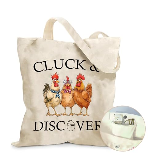 Aesthetic Canvas Tote Bag for Women - with Magnetic Snap Closure & Zipper Inner Pocket Reusable Totes Bag - color: Chickens2