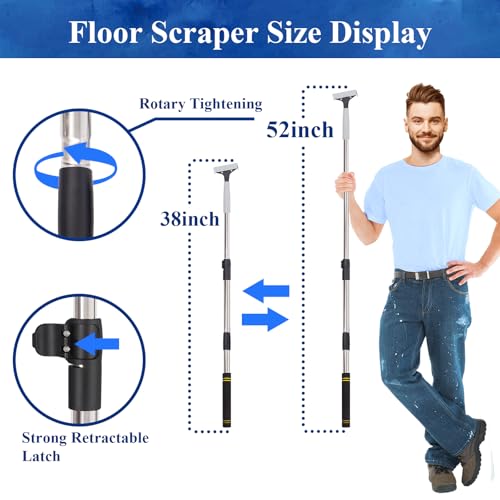 Floor Scraper Heavy Duty Long Handle,52in 4" Razor Blade Floor Scraper Adjustable with 10PCS Extra Metal Blades Paint Scraper for Cleaning Stickers Gum Glass Wall Tile Linoleum Stove Top