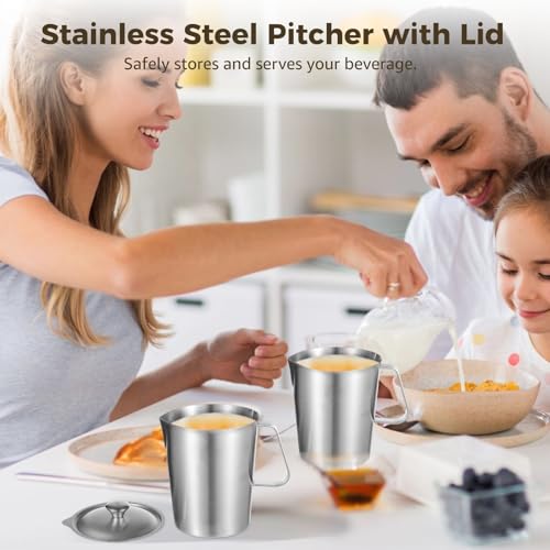 Stainless Steel Pitcher with Lid, 32 oz Measuring Cups with Dual-Scale Markings, Milk Frothing Jugs, Large Beakers for Espresso Machine, Hot/Cold Water, Latte Art, Iced Tea