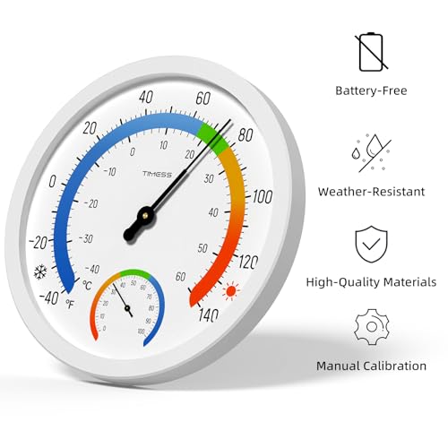 10-Inch Indoor Outdoor Thermometer Hygrometer, Battery-Free, White | Dual analog dials, large easy-to-read numbers, monitors temperature and humidity for patio, nursery, storage, or home - color: White