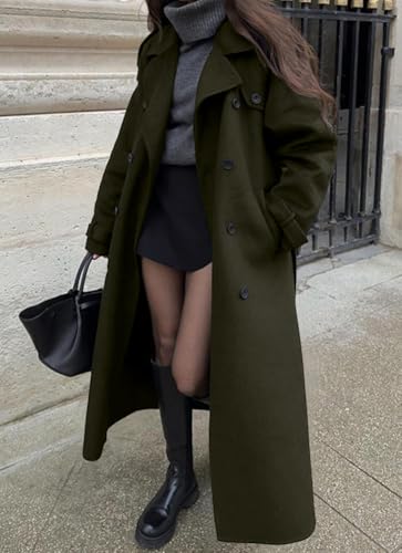 chouyatou Women's Winter Double Breasted Wool Coat Long Sleeve Notch Lapel Midi Long Winter Trench Coat with Belt - color: Army Green, size: Large