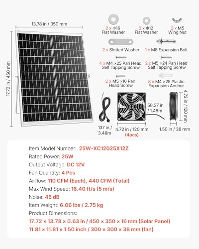VEVOR Solar Powered Fan, 25W Solar Panel with 4 Fans, Adjustable Solar Panel Angle, 2668 RPM High-Speed, Flexible Installation, Fast Air Exchange for Greenhouse, Grow Tents, Chicken Coops, Shelters - size: 4.7" Fan×4 -25W