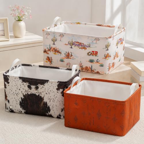 3 Pcs Western Bull Boho Rectangle Storage Basket Collapsible Highland Cow Storage Bin for Nursery Toys Books Waterproof Baskets for Closet Shelves Bedroom Decor(Cow) - color: Cow