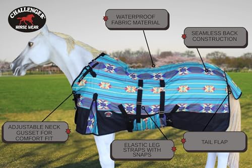 Challenger 1200D Turnout Waterproof Rain Horse Sheet Light Winter Blanket 378B - color: Turquoise Aztec, size: 74 inches