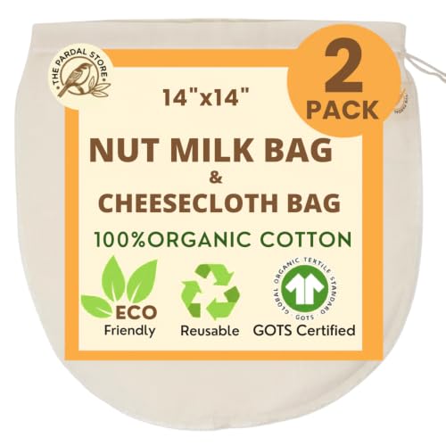 XXL 14"x14" Nut Milk Bag - 100% Organic Unbleached Cotton Easy To Clean Nut Milk Strainer/Cheesecloth Bags, Reusable for Straining Oat Milk, Almond Milk, Cheese making, Celery Juice
