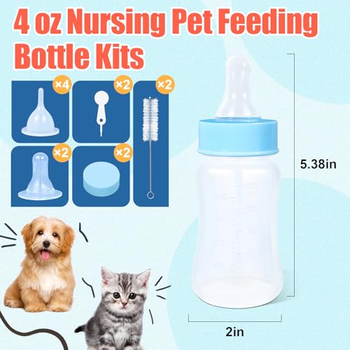 DEMORA Kitten Bottle Feeding Kit, Graduated Nursing Feeding Bottles for Pet Kitten Puppy Hamster Rabbit with Two Kinds of Replaceable Nipples Feeder (Clear, 4 oz) - size: 4 Ounce