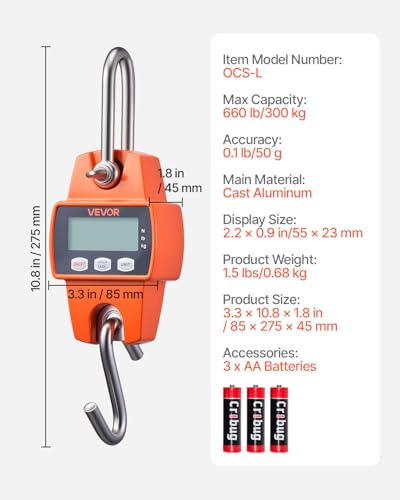VEVOR Digital Crane Scale, 660 lbs/300 kg, Industrial Heavy Duty Hanging Scale with Cast Aluminum Case & LCD Screen, Handheld Mini Crane with Hooks for Farm, Hunting, Fishing, Outdoor, Garage (Orange) - style: 660 lbs/300 kg