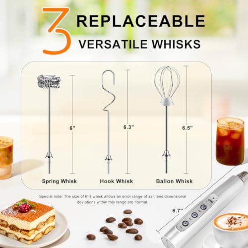 YUSWKO Handheld Milk Frother Wand for Coffee, Rechargeable Electric Whisk with 3 Heads 3 Speeds Drink Mixer Coffee Frother For Latte, Cappuccino, Hot Chocolate, Egg, Silver