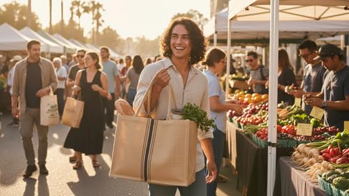 KAF Home Jute Market Tote Bag with Handles, Triple Stripe - color: Triple Stripe