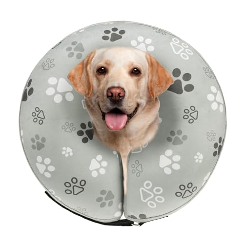 SCENEREAL Dog Cone Alternative After Surgery Donut Collar Soft | Pet Recovery Pillow Collar for Medium Large Dogs, Inflatable Adjustable Neck Collars to Prevent Licking, Grey Footprints L - color: Grey Footprints, size: L(Neck 16"-18")