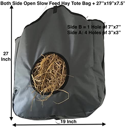 Majestic Ally Nylon Hay Feeder Tote Bag for Horse, Goat, Sheep - Double Sides Open Feed Hole with Faux Leather Ventilated Bottom- Premium Quality -Simulates Grazing - Reduces Waste (Dark Gray) - color: Dark Gray