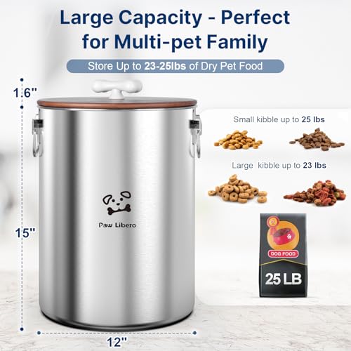 Paw Libero 25 Lbs Stainless Steel Dog Food Storage Container with Airtight Wooden Lid & Ceramic Bone Handle, Large Metal Dog Food Bin for Dogs & Cats, Keep Fresh, Easy to Clean - size: 25 lbs - 1pk