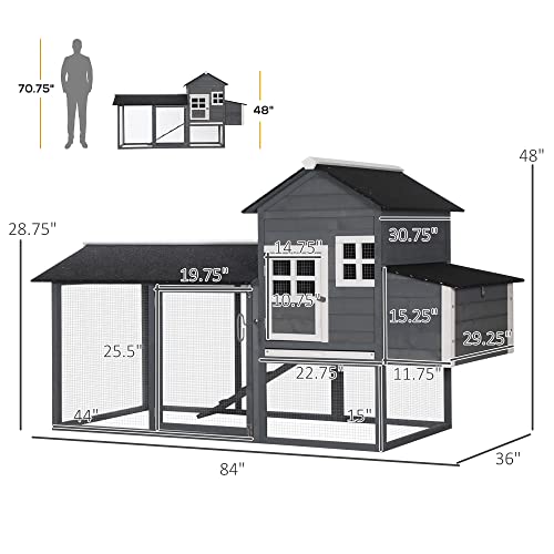 PawHut 84" Wooden Chicken Coop with Run Nesting Box for 2-3 Chickens Gray | Hen House Outdoor, Asphalt Roof, Removable Tray, Ramp, Poultry Cage - color: Gray