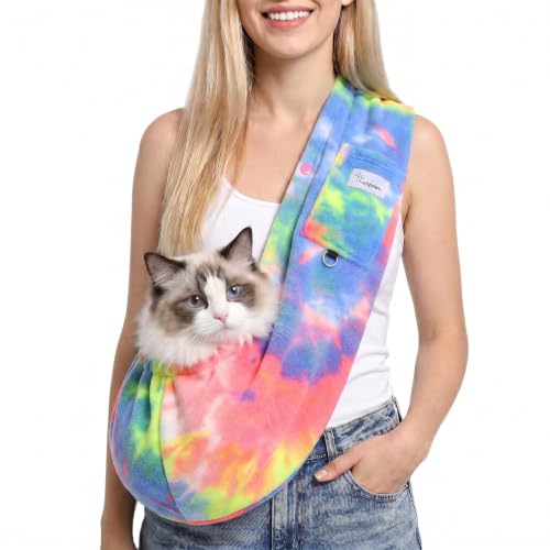 Hands-Free Cat Sling Carrier for Small Dogs & Cats, Soft Fleece | Wide Shoulder Strap for Back Pain Relief, 3-14 lbs Small Animals, Cozy Indoor/Outdoor (Fruits) - color: Fruits