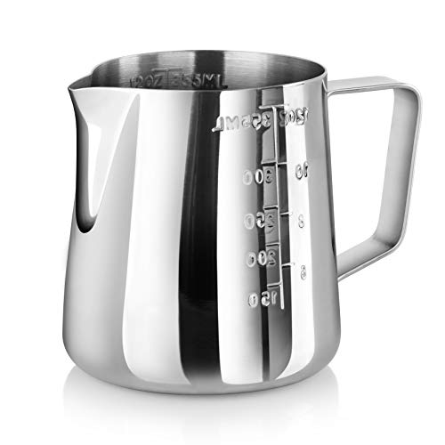 New Star Foodservice 28805 Stainless Steel Frothing Pitcher, 12 oz Espresso Milk Steaming Cup with Measurement Scale, Commercial Grade 18/8 Barista Pitcher for Lattes, Cappuccinos, Coffee, Silver - size: 12 Ounces
