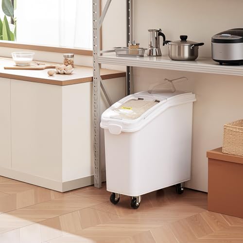 VEVOR Ingredient Bin with Scoop 21 Gallon, 400 Cup Rice Storage Container | For Kitchen & Commercial Food Storage, Includes Sliding Lid, Ingredient Grain Cereal Flour Bin with Wheels, 1 Pack, White - size: 21 Gallon