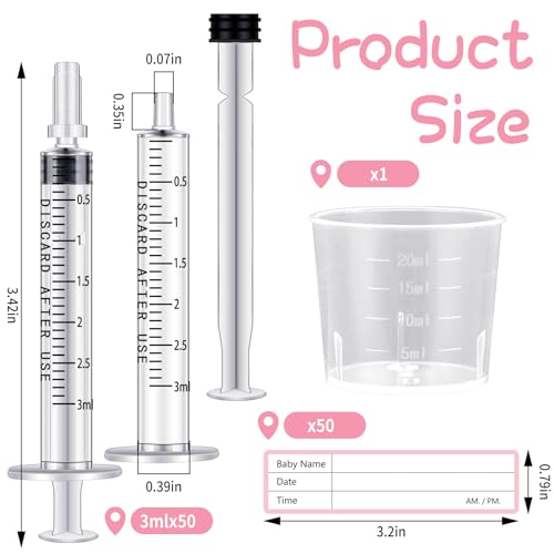 Trelaco 100 Sets 3 Ml Breast Milk Syringes No Needle Colostrum,1 Ml | Sterile Sealed with Caps and Cup, Baby Name Labels, Needle-free Harvesting for Storing Freezing Milk, For Postpartum Moms - size: 3 ml
