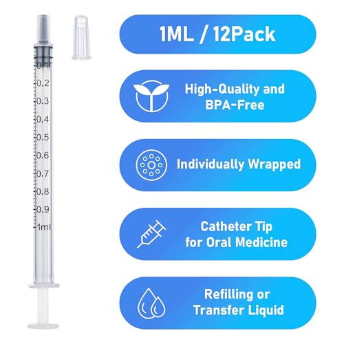 12pack 1ml Syringes Without Needle Plastic for Liquid, Measuring, Ink Refilling, Oil, Liquids Glue Applicator, With Cap - style: 1ML