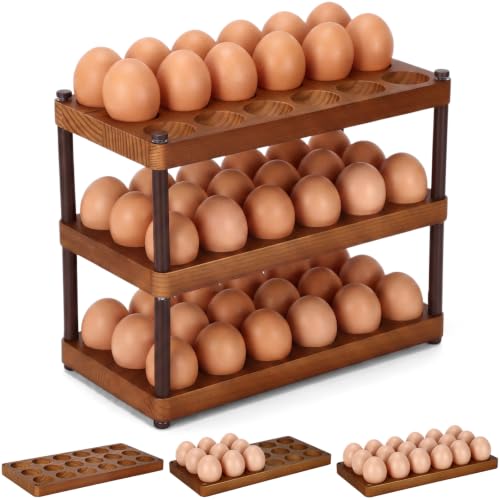 3 Tier Wooden Egg Holder Countertop Egg Holder for 54 Fresh Eggs Countertop Eggs Storage Tray Organizer Stackable Deviled Container Rack for Home Farmhouse Kitchen Decor