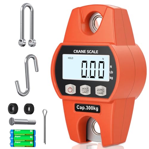 Hanging Scale 660lb/300kg - High-Accuracy Crane Scale with Aluminum Frame and LCD Display. Functions as Fishing Scale and Luggage Scale. for Farm, Hunting, Fitness, and Travel Weighing