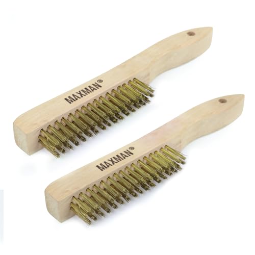 MAXMAN Brass Brush 2Pcs, 10" Heavy Duty Brass Wire Brush, Rust/Weld Remover | Heavy Duty Brass Bristles, Metal Brush, Curved Beechwood Handle, Wire Brushes for Cleaning Rust, Compact & Sturdy - style: 2Pcs Brass Brushes
