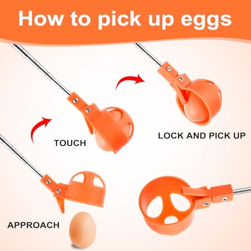 Lounsweer Egg Grabber for Chicken Eggs,15.7-76inch Extendable Stainless Steel Egg Picker Tool with (1pcs Extended Handle&1pair Non-Slip Gloves) for Picking Eggs from Coop, Poultry Nest, and Farm Use - color: Orange