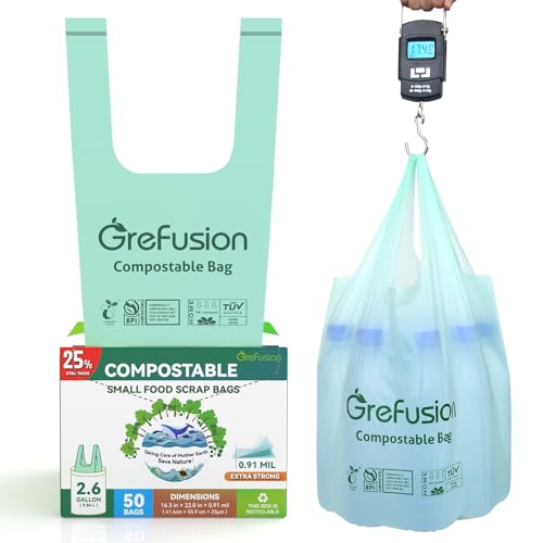 Compostable Trash Bags with handle-tie,Garbage Bags, 2.6 Gallon,Food Waste Bags,Small trash bags for compost bin kitchen,Certified by BPI and OK Compost (2.6G-50count) - color: 2.6G-50count