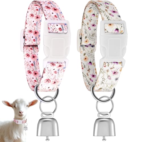 2 Pack Floral Goat Collars with Bells, Adjustable Nylon Sheep Collar 13.7-20.5 in, Loud Copper Bell Pet Anti Lost Grazing Collar for Small Farm Animal Goat Lamb Sheep Accessories, White Pink - style: Floral