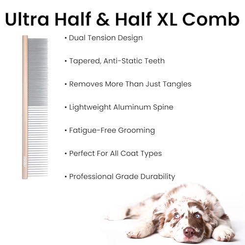 Fresh Ultra Half & Half XL Metal Pet Comb, Oval Aluminum Handle, Metal Grooming Comb for Dogs, 9.75" - style: Ultra Half & Half XL
