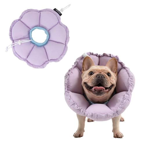 Dog Cone Collar Stress-Free Recovery Cone Alternative: Adjustable Depth & Diameter for Wide-Neck Dogs (Pugs, Bulldogs, Bullies) Purple Flower XL-B - color: purple, size: XL-B