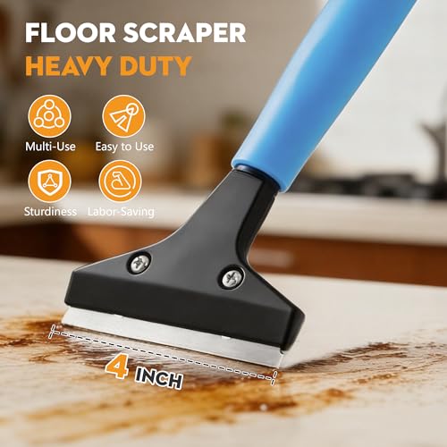 4-Inch Razor Blade Floor Scraper, Long Handle Heavy Duty 37-51.5 Inch | Adjustable Razor Scraper for Cleaning Windows, Glass,Shower,Gum,Tile,10 Extra Blades - size: 51.5in