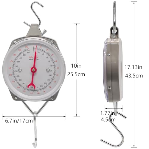 Hanging Spring Dial Scale, 440lbs/200kg Capacity, Fish Scales Digital Weight, Large Food Weighing Scale with 2 S-Hooks for Mechanical Kitchen Fishing Hunting, Big Game Scale - size: 440 lbs