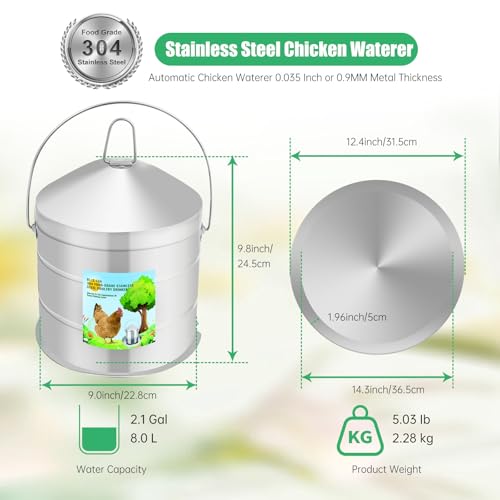 Automatic Chicken Waterer 8L/2.1Gal, 304 Food Grade Stainless Steel Heavy Duty Reliable Long-Lasting Poultry Waterer with Handle, High Strength Structure 0.035 Inch Metal Thickness, No Assemble