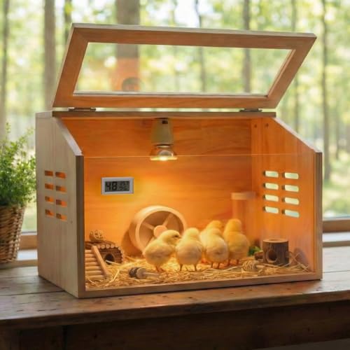 Wooden Chick Brooder Box with Heat Lamp and Thermometer, 15.7 x 12 x 12 in | Thick wood construction with pre-drilled holes suitable for chicks, ducklings, quail, hamsters small animals - size: 12.0"L x 15.7"W x 12.0"H