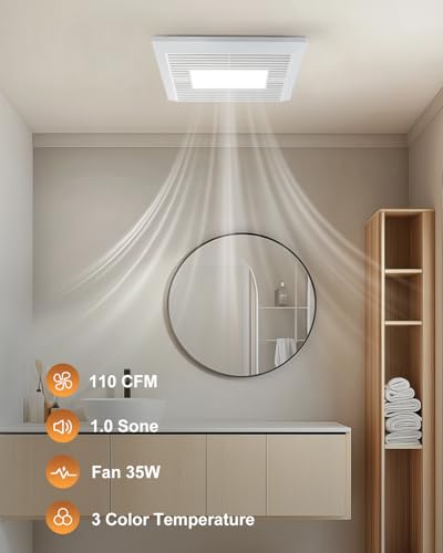 GROWNEER Bathroom Exhaust Fan with Light, 110 CFM 1.0 Sone Exhaust Fan No Attic Access Needed, Ceiling or Wall Mount, 7.68 x 9.25 inch, 35W Bathroom Fan with LED Light 3CCT Adjustable 600LM, White - color: 3CCT
