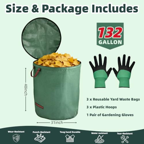 3 Pack 132 Gallon Extra Large Yard Waste Bags with Lid | Jumbo Reusable Garden Bags with Gardening Gloves, Heavy Duty Collapsible Lawn Bag Holder for Massive Leaves & Debris - size: 3-Pack Bags & 1 Pair of Gloves