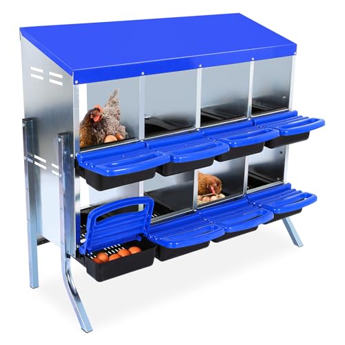 Chicken Nesting Box, Nesting Boxes for Chickens, 8 Compartments Chicken Laying Boxes with Lid Cover, Roll Away Nesting Box for Chickens Laying Egg to Protect Eggs, with Metal Bracket, Blue