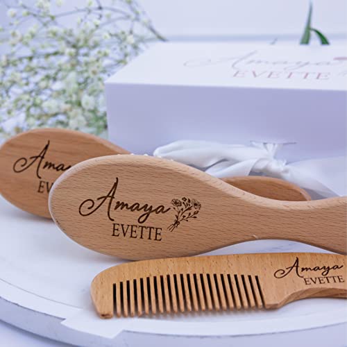 Personalized Baby Hair Brush Set - Custom Engraved Wooden Brush & Comb Gift Box for Baby Girls, Toddlers & Kids, Floral Set