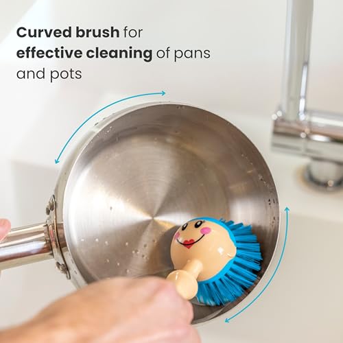 Vigar Dolls Dish Brush with Handle and Holder, Gray, Blue | Dish Scrubber, Kitchen Scrub Brush, Dishwashing Brush Tool for Kitchen Sink Cleaning, Cute Standing Design - color: Gray, Blue